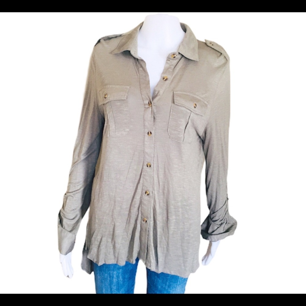 REVAMPED Utility Button Down Shirt With Long Sleeves Olive/Camo Green Size Large